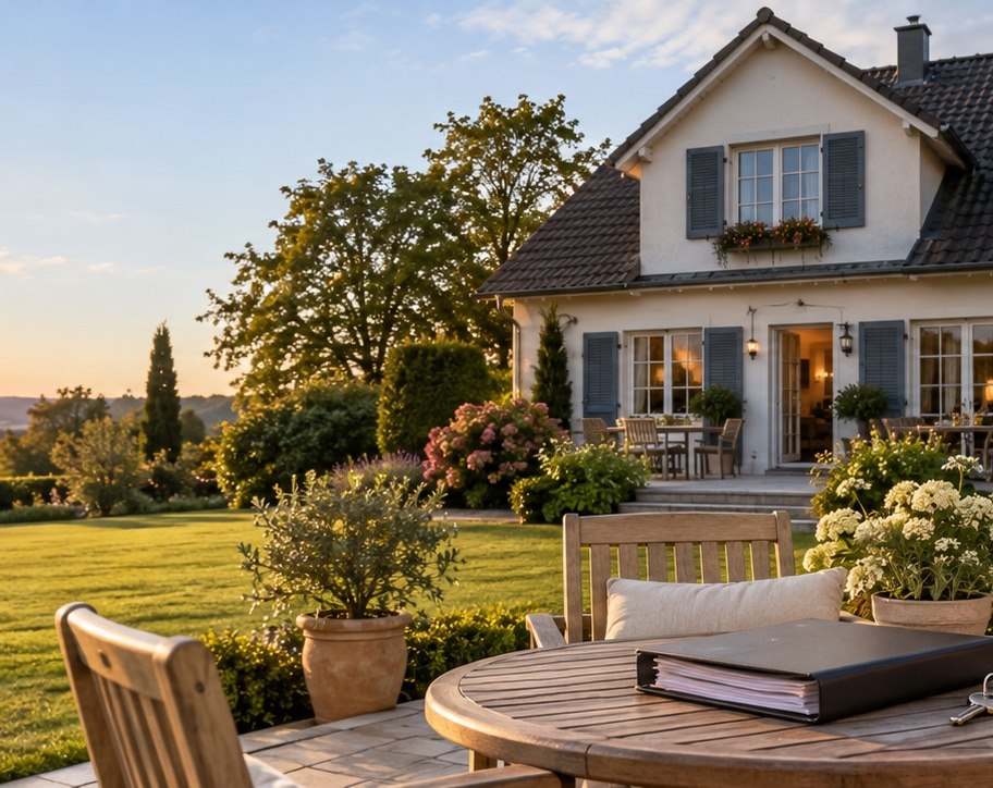 Symbolbild: Haus mit Garten und Unterlagen zur Nachlassregelung – Fachbetriebe für Thalheim